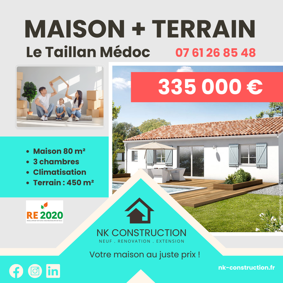 maison de plain pied 80 mètres ancrés et terrain de 450 Metres carrés au Taillan Medoc pour 335 000 euros